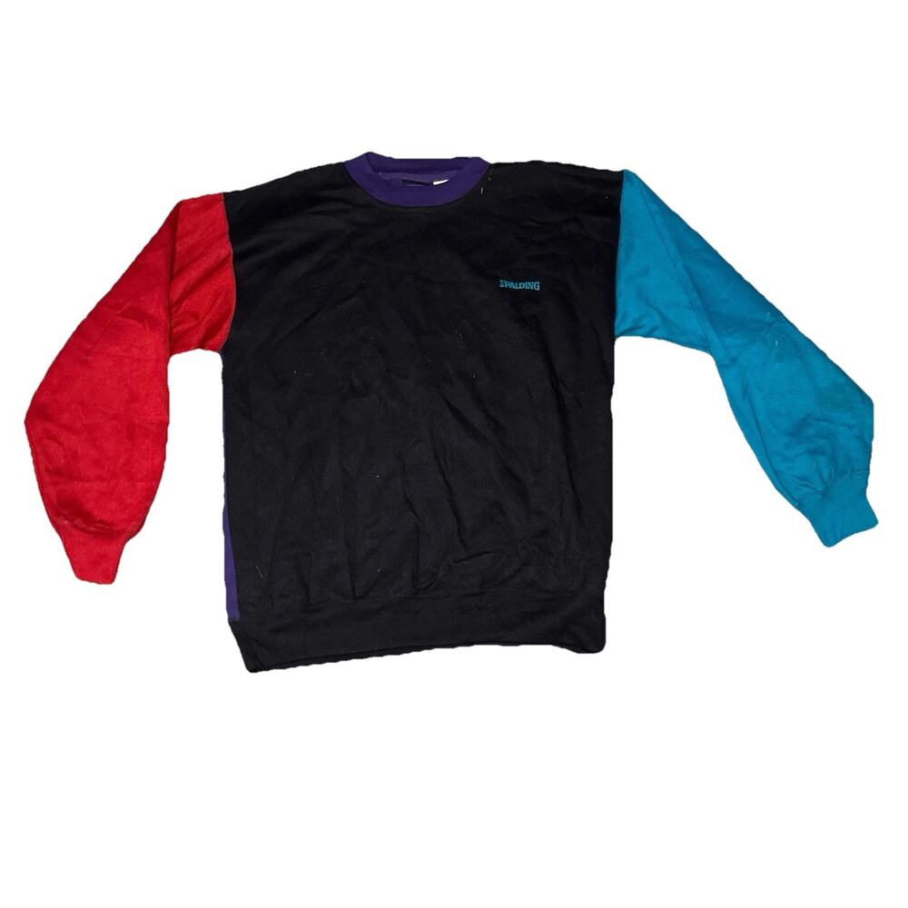 VTG 90s SPALDING Tri-Color Block Reverse Weave Sweatshirt Black Size Medium